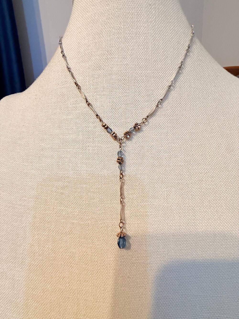 Vintage Blue Glass Y Drop Necklace 16”
